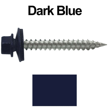 #9 x 1-1/2" Stainless Steel Metal Roofing Screws - Hex Washer Head - Self-Piercing (SP) tip metal to wood siding screws. EPDM washer. Colored head.