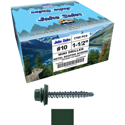 #10 x 1-1/2" Mini Driller Sheet Metal Roofing Screw - Hex Washer Head -  Self starting metal to wood siding screws. EPDM washer. Colored head.