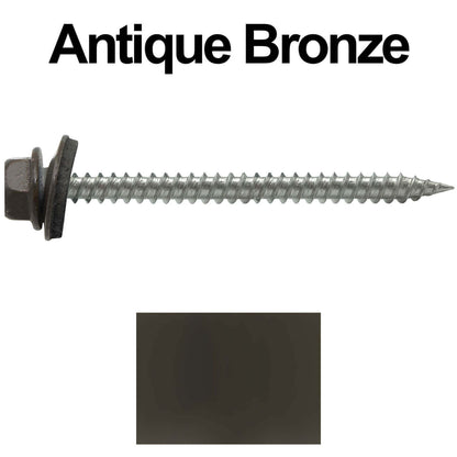 9 x 2-1/2" - Stainless Steel Metal Roofing Screws - Hex Washer Head -  Self starting metal to wood siding screws. EPDM washer. Colored head.