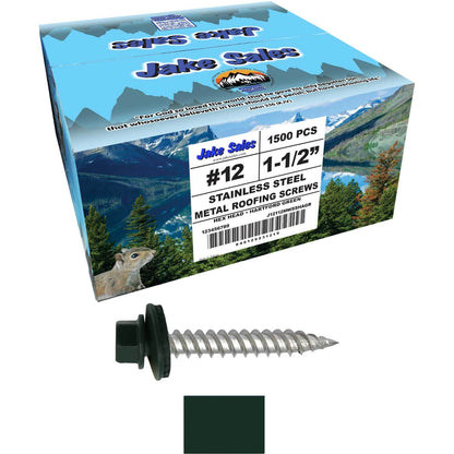 12 x 1-1/2" Stainless Steel Metal Roofing Screw - Hex Washer Head - Self starting/self tapping - EPDM washer. Colored head.