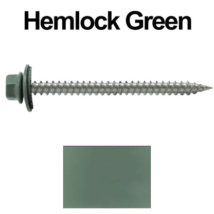 9 x 2-1/2" - Stainless Steel Metal Roofing Screws - Hex Washer Head -  Self starting metal to wood siding screws. EPDM washer. Colored head.