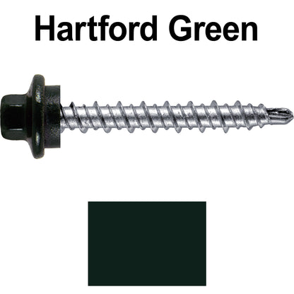 #10 x 1-1/2" Stainless Steel Mini Driller Sheet Metal Roofing Screw - Hex Washer Cap - Self starting metal to wood siding screws - EPDM washer. Colored head.