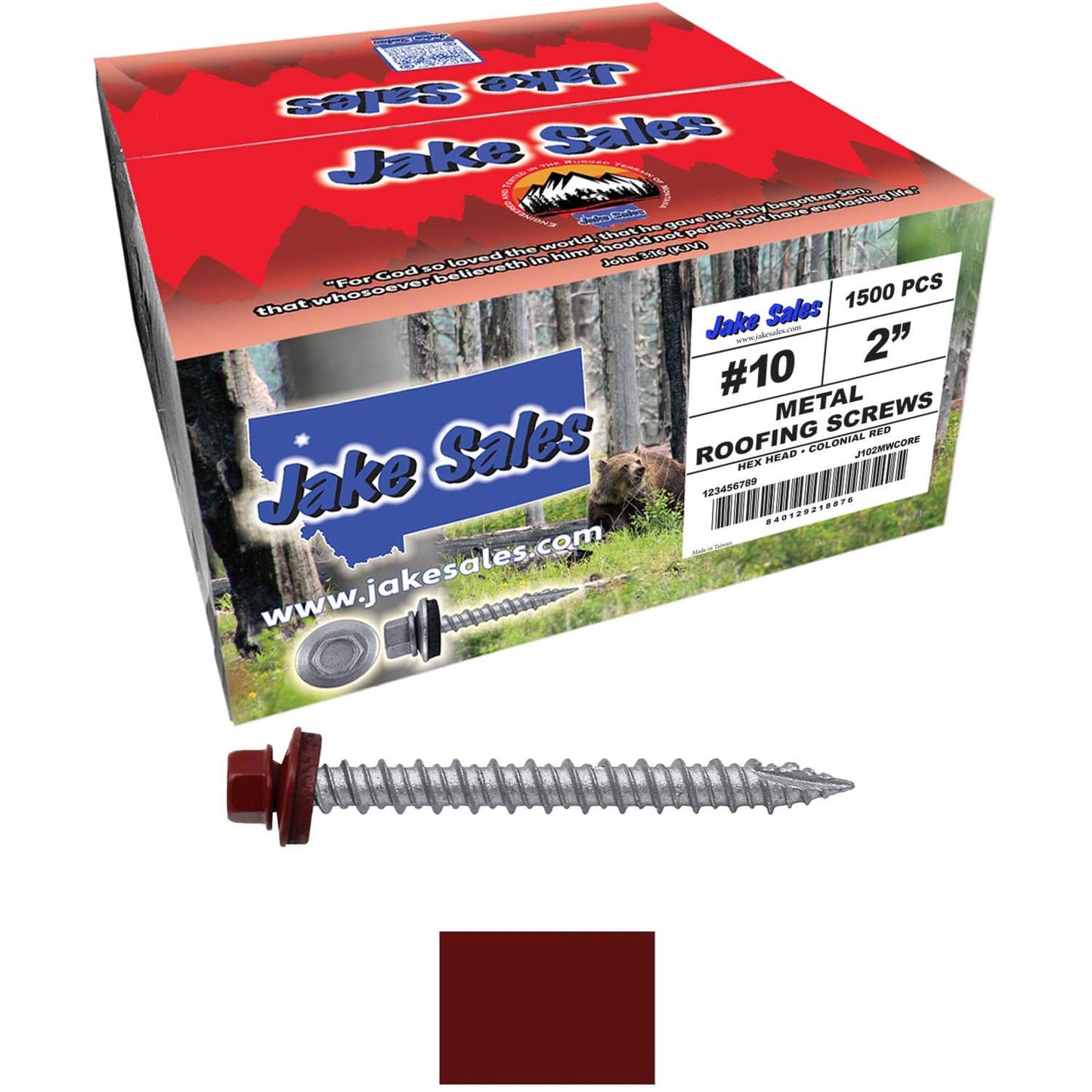 #10 x 2" Metal ROOFING SCREWS - Hex Washer Head - Self starting/self tapping - EPDM washer. Colored head.