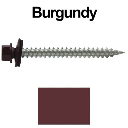 #9 x 2" Stainless Steel Metal Roofing Screws - Hex Washer Head - Self-Piercing (SP) tip metal to wood. EPDM washer. Colored head.