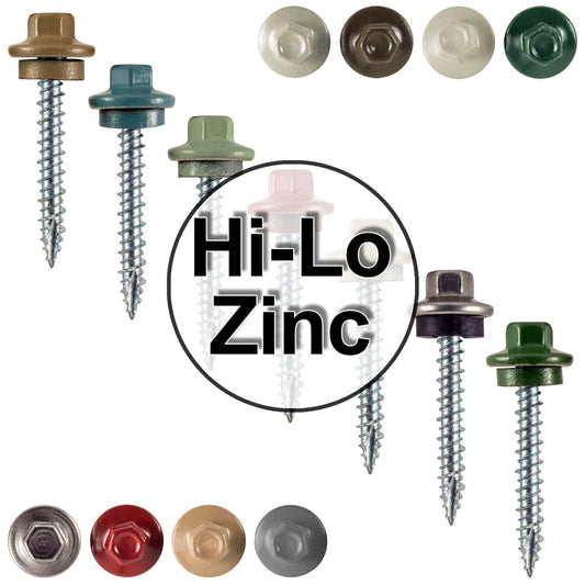 10 x 1-1/2" - STAINLESS HEX / ZINC Sheet Metal Roof Screw. Self starting metal to wood siding screws. EPDM washer. Colored head.