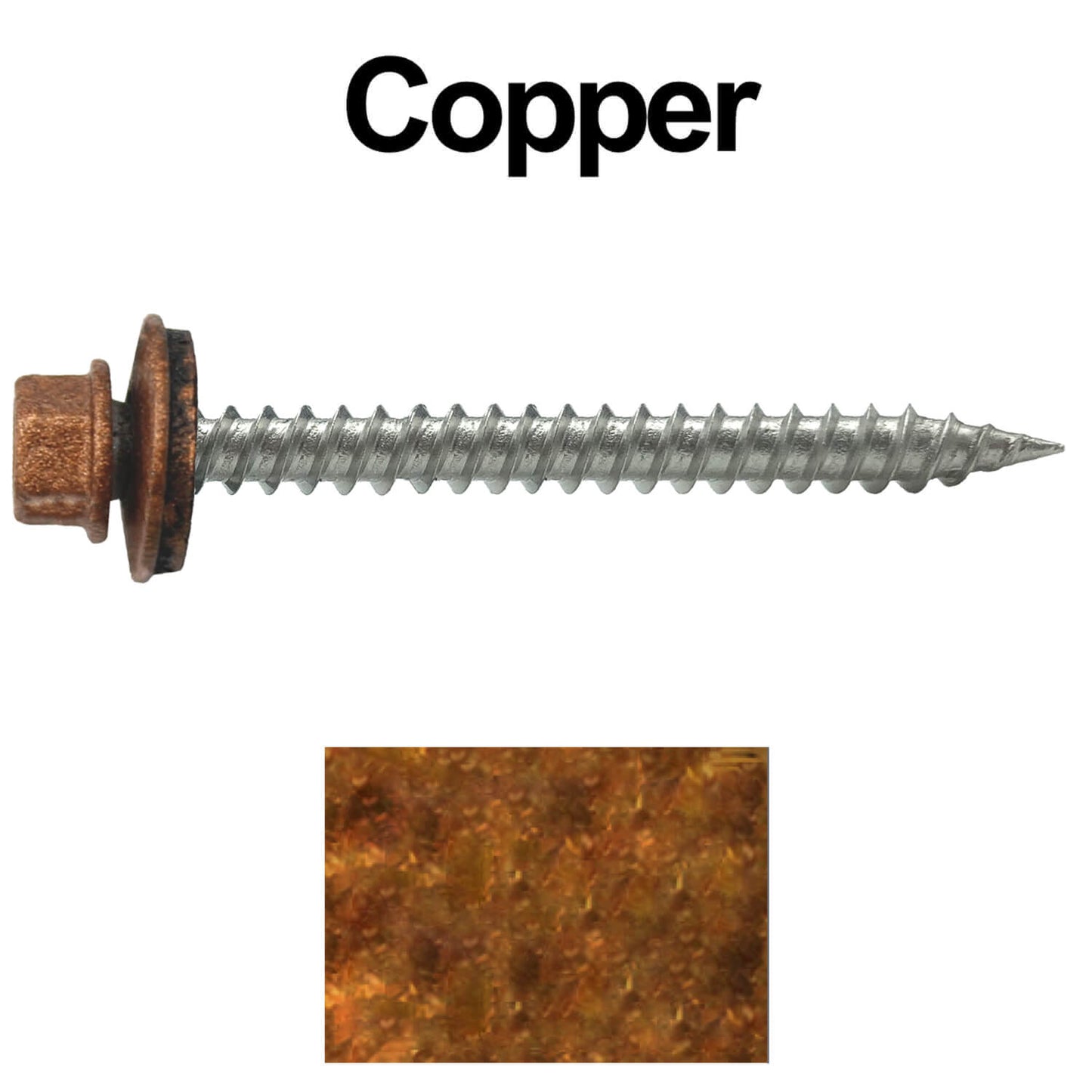 #9 x 2" Stainless Steel Metal Roofing Screws - Hex Washer Head - Self-Piercing (SP) tip metal to wood. EPDM washer. Colored head.