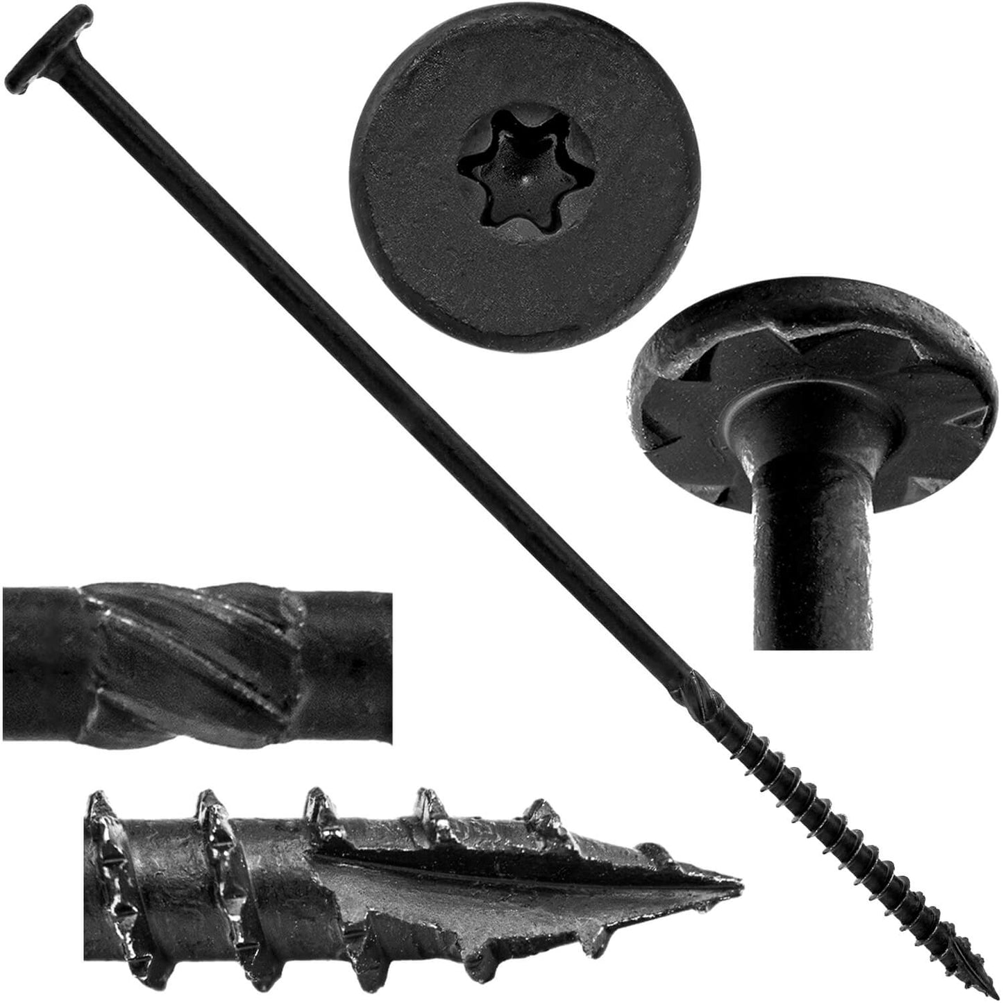 #15 Black Wafer Head Structural Lag Screws. Used for Log Construction, Timber Framing, Laminated Beams and Pole Barns Among Other Uses. T-30 Torx/Star Drive