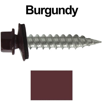 #9 x 1" Stainless Steel Metal Roofing Screws - Hex Washer Head - Self-Piercing (SP) tip metal to wood siding screws. EPDM washer. Colored head.