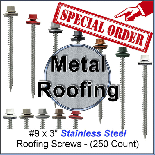 #9 x 3" NO PAINT Stainless Steel Metal Roofing Screws - Hex head -  Self Piercing (SP) - EPDM washer