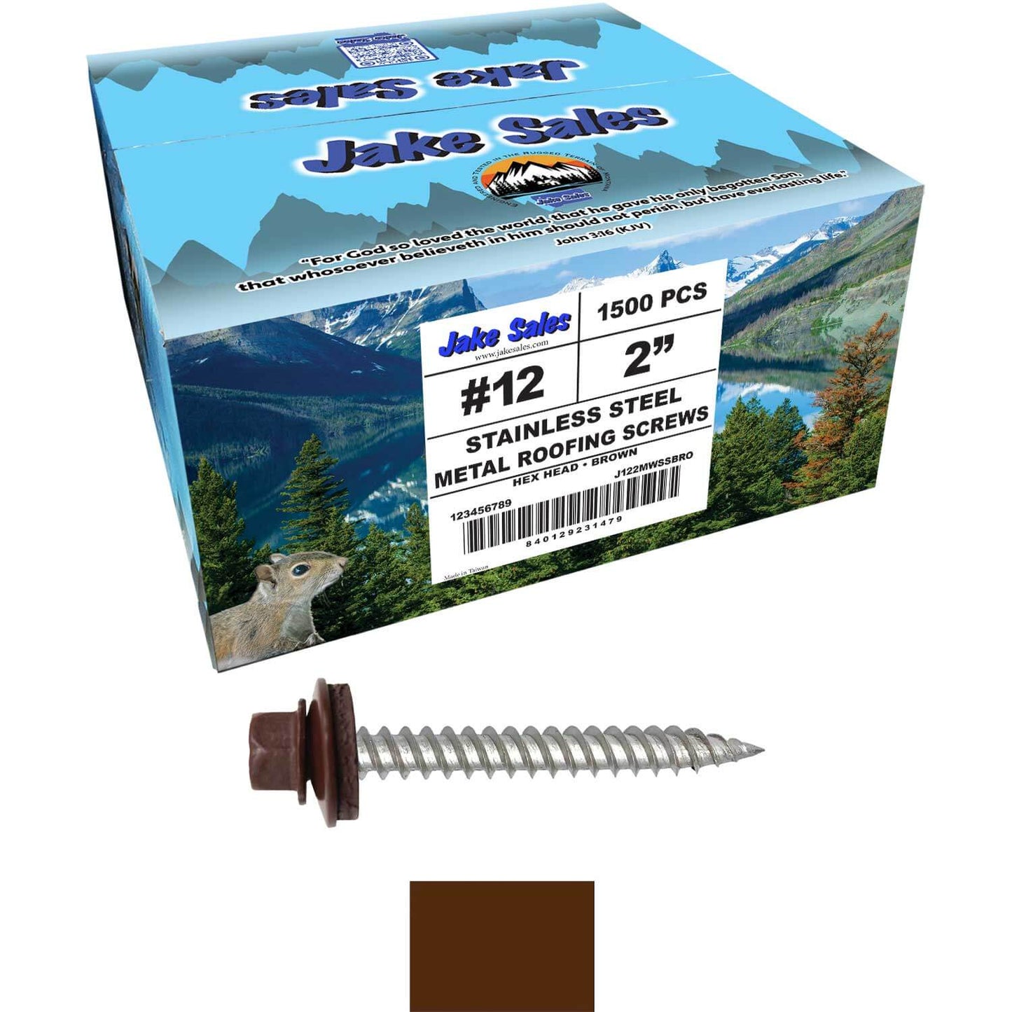 12 x 2"  Stainless Steel Metal Roofing Screw - Hex ReGrip Washer Head - Self starting/self tapping - EPDM washer. Colored head.
