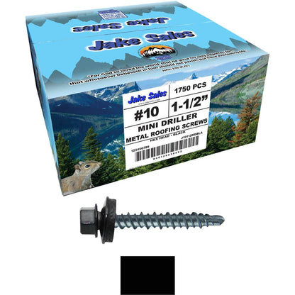 #10 x 1-1/2" Mini Driller Sheet Metal Roofing Screw - Hex Washer Head -  Self starting metal to wood siding screws. EPDM washer. Colored head.