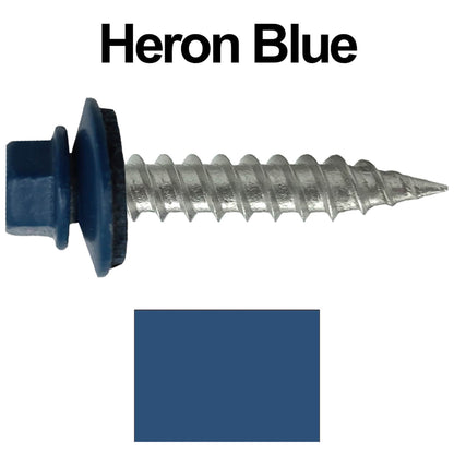 #9 x 1" Stainless Steel Metal Roofing Screws - Hex Washer Head - Self-Piercing (SP) tip metal to wood siding screws. EPDM washer. Colored head.