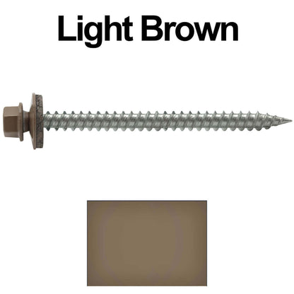 9 x 2-1/2" - Stainless Steel Metal Roofing Screws - Hex Washer Head -  Self starting metal to wood siding screws. EPDM washer. Colored head.