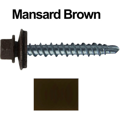 #10 x 1-1/2" Mini Driller Sheet Metal Roofing Screw - Hex Washer Head -  Self starting metal to wood siding screws. EPDM washer. Colored head.