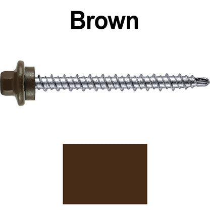 #10 x 2" Stainless Steel Mini Driller Sheet Metal Roofing Screw - Hex Washer Cap - Self starting metal to wood siding screws - EPDM washer. Colored head.