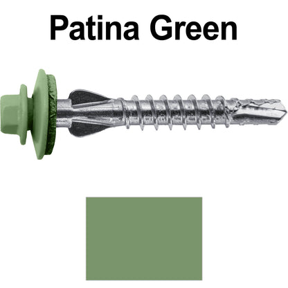12 X 1-1/2" PFP STAINLESS STEEL Fastener - 1/4" Washer Hex Head - #3 Drill Point Tip -  For Polycarbonite, Fiberglass and PVC sheeting. Colored head.
