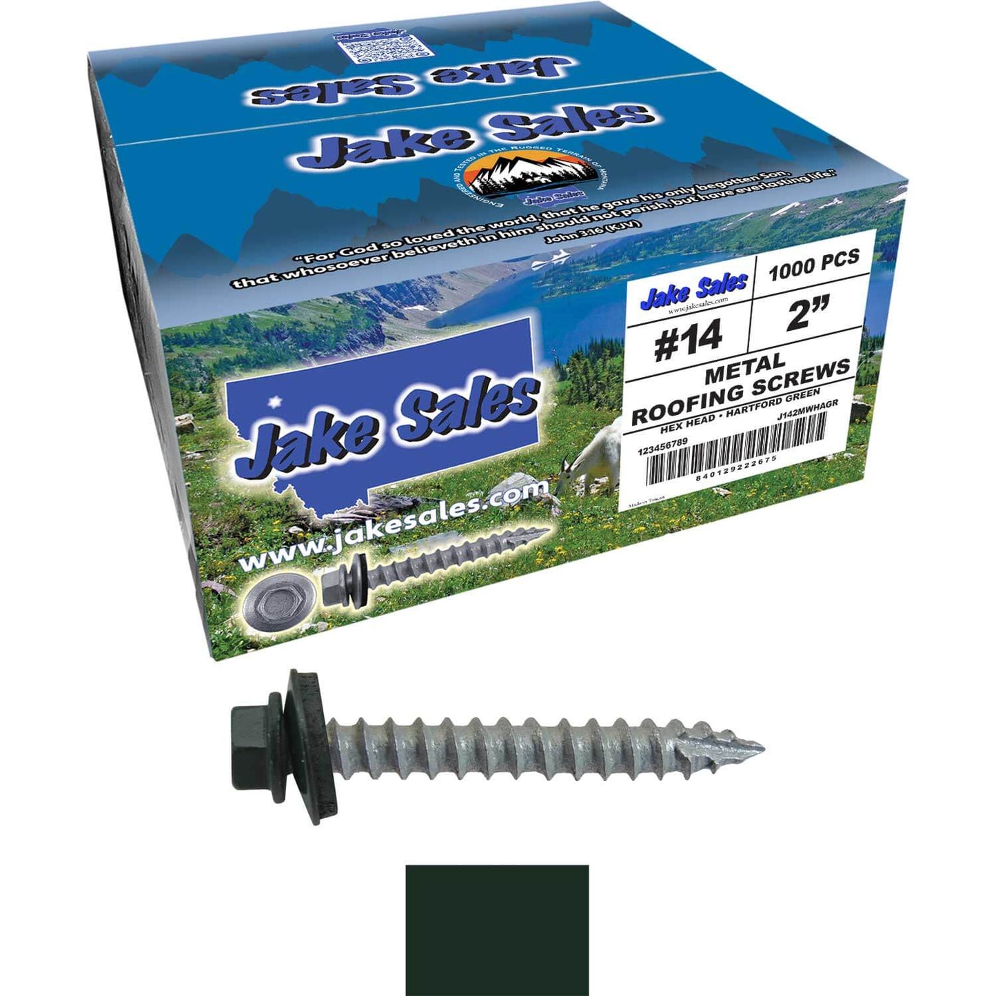 #14 x 2" Metal ROOFING SCREWS - Hex Washer Head - Self starting/self tapping - EPDM washer. Colored head.