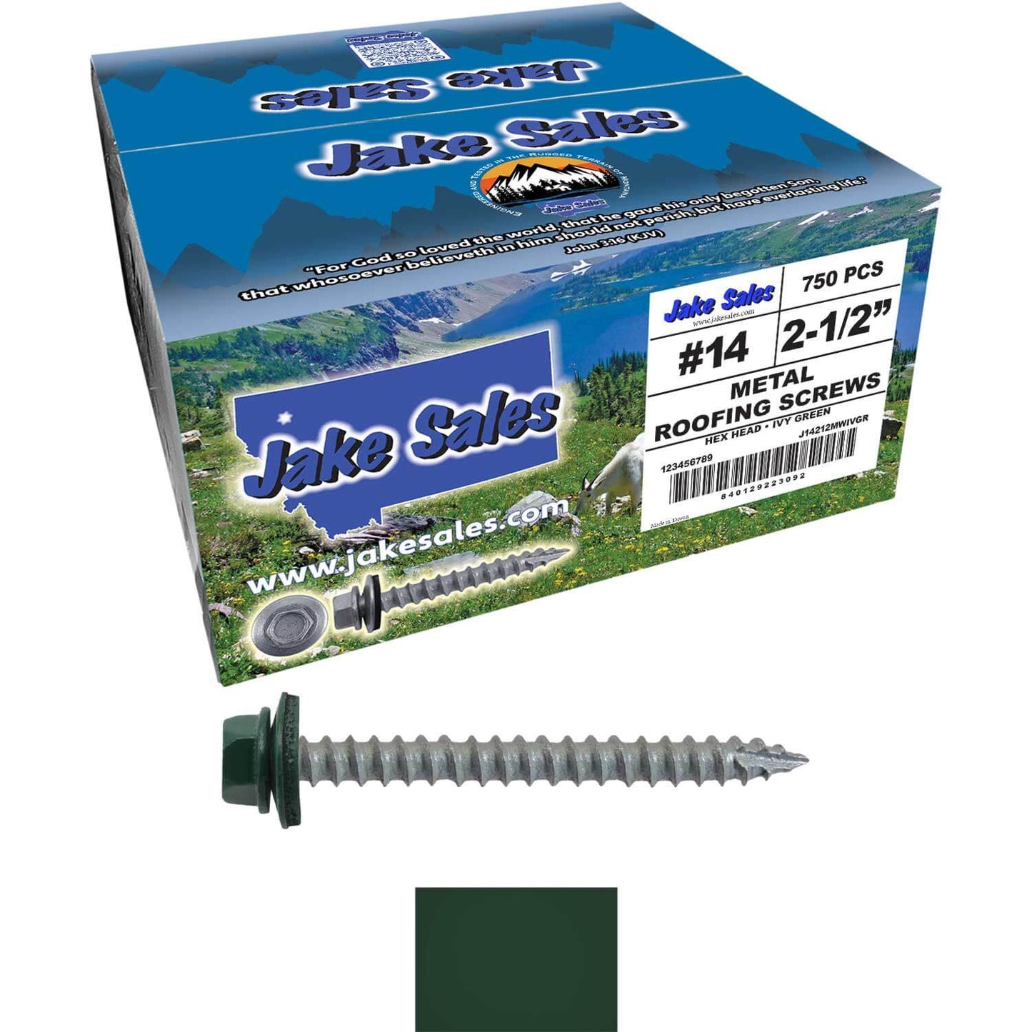 #14  x 2-1/2" Metal ROOFING SCREWS - Hex Washer Head - Self starting/self tapping - EPDM washer. Colored head.