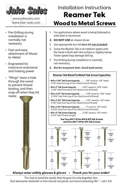 Reamer Tek Torx/Star Head Self-Drilling Wood to Metal Screws - for Flatbeds, Trailers or Fastening Wood to Steel