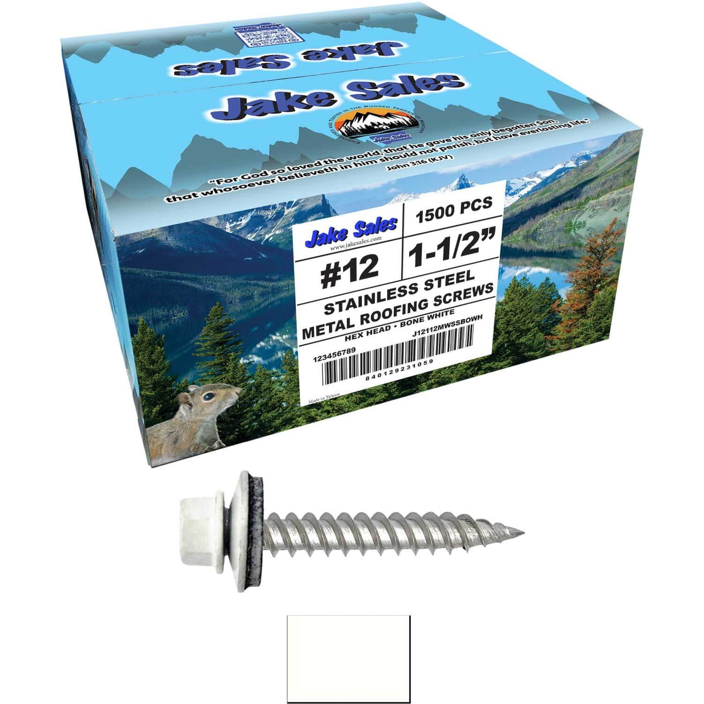 12 x 1-1/2" Stainless Steel Metal Roofing Screw - Hex Washer Head - Self starting/self tapping - EPDM washer. Colored head.