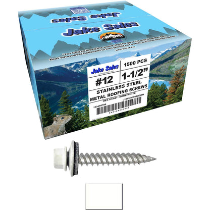 12 x 1-1/2" Stainless Steel Metal Roofing Screw - Hex Washer Head - Self starting/self tapping - EPDM washer. Colored head.