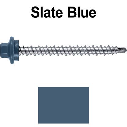 #10 x 2" Stainless Steel Mini Driller Sheet Metal Roofing Screw - Hex Washer Cap - Self starting metal to wood siding screws - EPDM washer. Colored head.