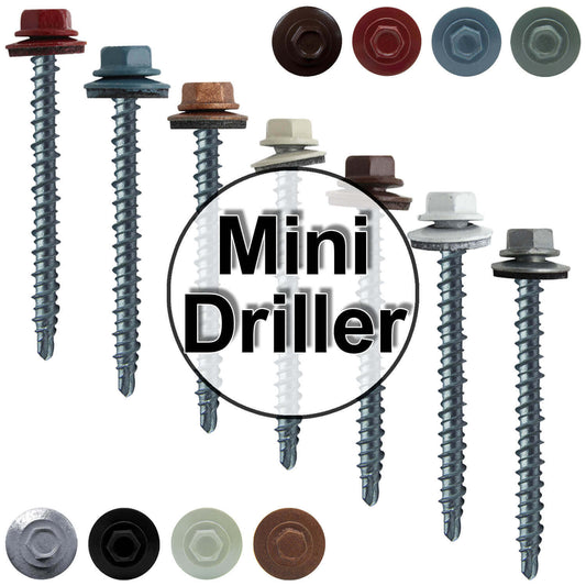 #10 x 2-1/2" Mini Driller Sheet Metal Roofing Screw - Hex Washer Head -  Self starting metal to wood siding screws. EPDM washer. Colored head.