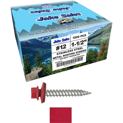 12 x 1-1/2" Stainless Steel Metal Roofing Screw - Hex Washer Head - Self starting/self tapping - EPDM washer. Colored head.