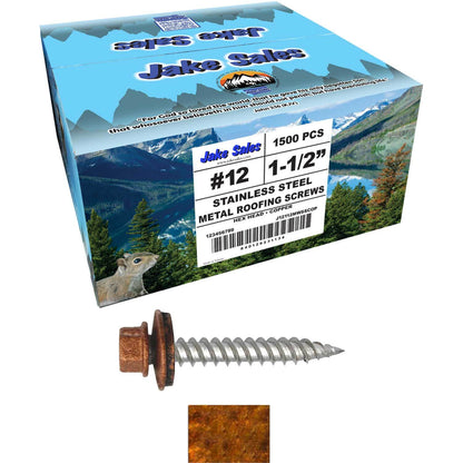 12 x 1-1/2" Stainless Steel Metal Roofing Screw - Hex Washer Head - Self starting/self tapping - EPDM washer. Colored head.
