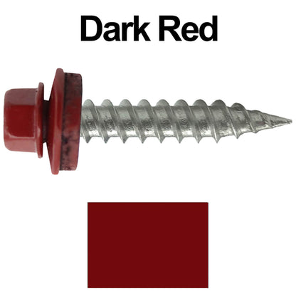 #9 x 1" Stainless Steel Metal Roofing Screws - Hex Washer Head - Self-Piercing (SP) tip metal to wood siding screws. EPDM washer. Colored head.