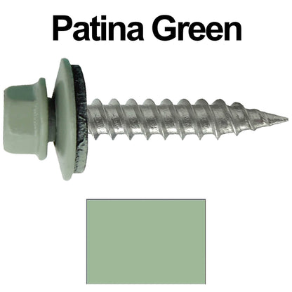 #9 x 1" Stainless Steel Metal Roofing Screws - Hex Washer Head - Self-Piercing (SP) tip metal to wood siding screws. EPDM washer. Colored head.