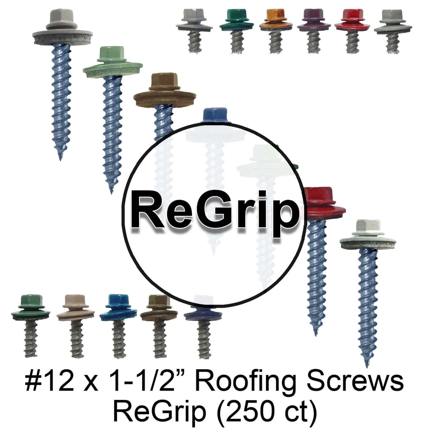 12 x 1-1/2"  Metal ROOFING SCREWS - Hex Washer Head - Self starting/self tapping - EPDM washer. Colored head.