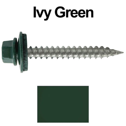 #9 x 1-1/2" Stainless Steel Metal Roofing Screws - Hex Washer Head - Self-Piercing (SP) tip metal to wood siding screws. EPDM washer. Colored head.