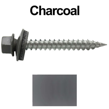 #9 x 1-1/2" Stainless Steel Metal Roofing Screws - Hex Washer Head - Self-Piercing (SP) tip metal to wood siding screws. EPDM washer. Colored head.
