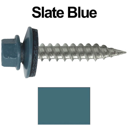 #9 x 1" Stainless Steel Metal Roofing Screws - Hex Washer Head - Self-Piercing (SP) tip metal to wood siding screws. EPDM washer. Colored head.