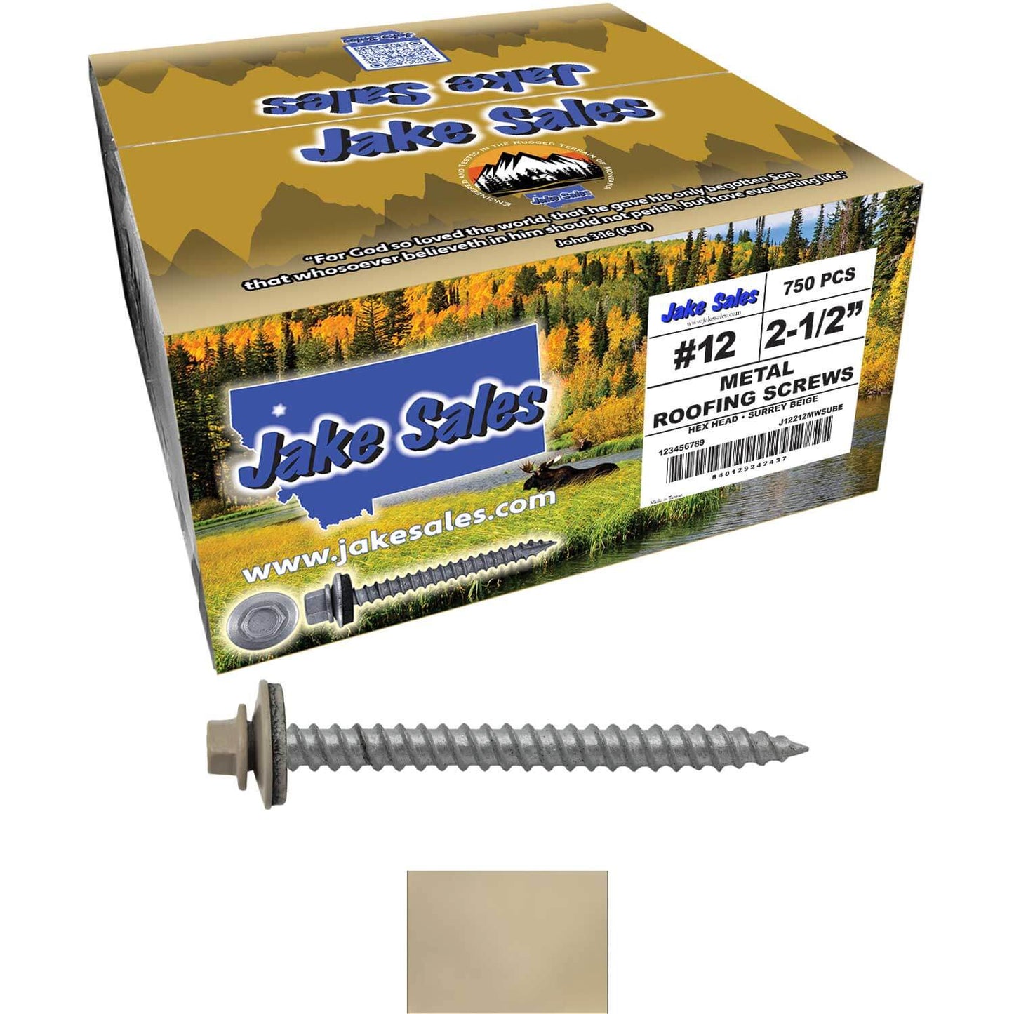 #12 x 2-1/2" RE-GRIP METAL ROOFING SCREWS - Hex Washer Head - Self starting/self tapping - EPDM washer. Colored head.