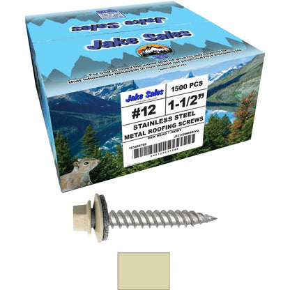 12 x 1-1/2" Stainless Steel Metal Roofing Screw - Hex Washer Head - Self starting/self tapping - EPDM washer. Colored head.