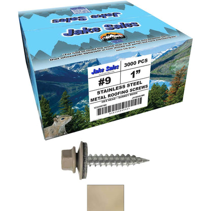 #9 x 1" Stainless Steel Metal Roofing Screws - Hex Washer Head - Self-Piercing (SP) tip metal to wood siding screws. EPDM washer. Colored head.