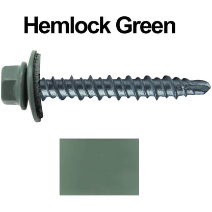 #10 x 1-1/2" Mini Driller Sheet Metal Roofing Screw - Hex Washer Head -  Self starting metal to wood siding screws. EPDM washer. Colored head.