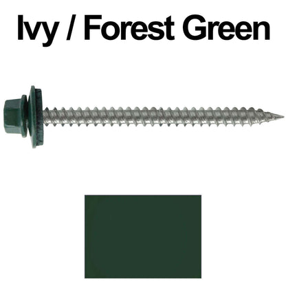 9 x 2-1/2" - Stainless Steel Metal Roofing Screws - Hex Washer Head -  Self starting metal to wood siding screws. EPDM washer. Colored head.