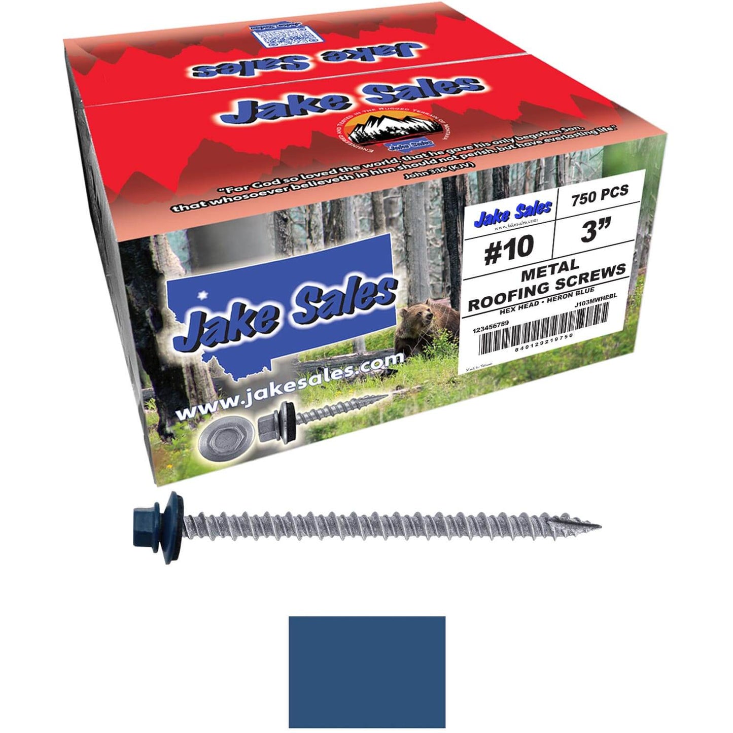 #10 x 3" Metal ROOFING SCREWS - Hex Washer Head - Self starting/self tapping - EPDM washer. Colored head.