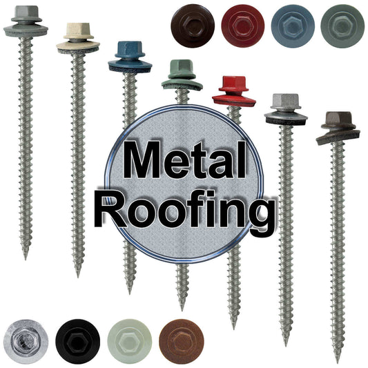 #9 x 3" Stainless Steel Metal Roofing Screws - Hex Washer Head - Self starting/self tapping - EPDM washer. Colored head.