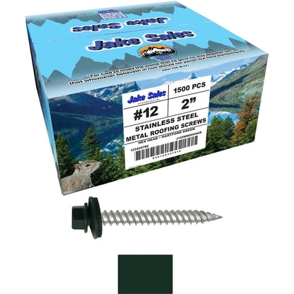 12 x 2"  Stainless Steel Metal Roofing Screw - Hex ReGrip Washer Head - Self starting/self tapping - EPDM washer. Colored head.