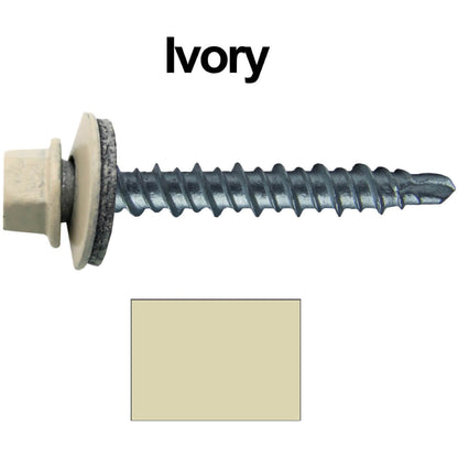 #10 x 1-1/2" Mini Driller Sheet Metal Roofing Screw - Hex Washer Head -  Self starting metal to wood siding screws. EPDM washer. Colored head.