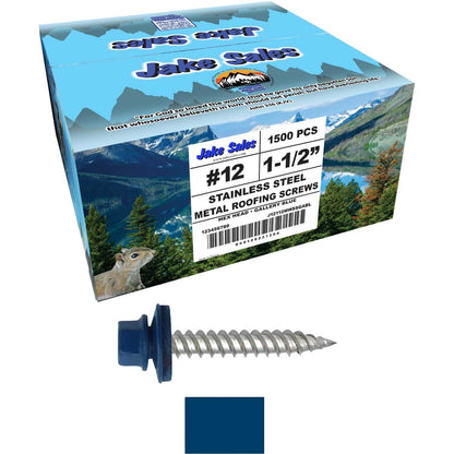 12 x 1-1/2" Stainless Steel Metal Roofing Screw - Hex Washer Head - Self starting/self tapping - EPDM washer. Colored head.