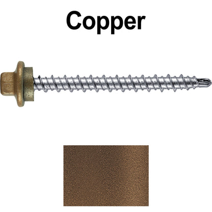#10 x 2" Stainless Steel Mini Driller Sheet Metal Roofing Screw - Hex Washer Cap - Self starting metal to wood siding screws - EPDM washer. Colored head.