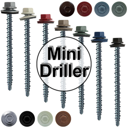 #10 x 3" Mini Driller Sheet Metal Roofing Screw - Hex Washer Head -  Self starting metal to wood siding screws. EPDM washer. Colored head.