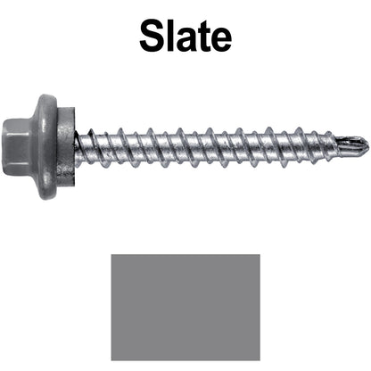 #10 x 1-1/2" Stainless Steel Mini Driller Sheet Metal Roofing Screw - Hex Washer Cap - Self starting metal to wood siding screws - EPDM washer. Colored head.
