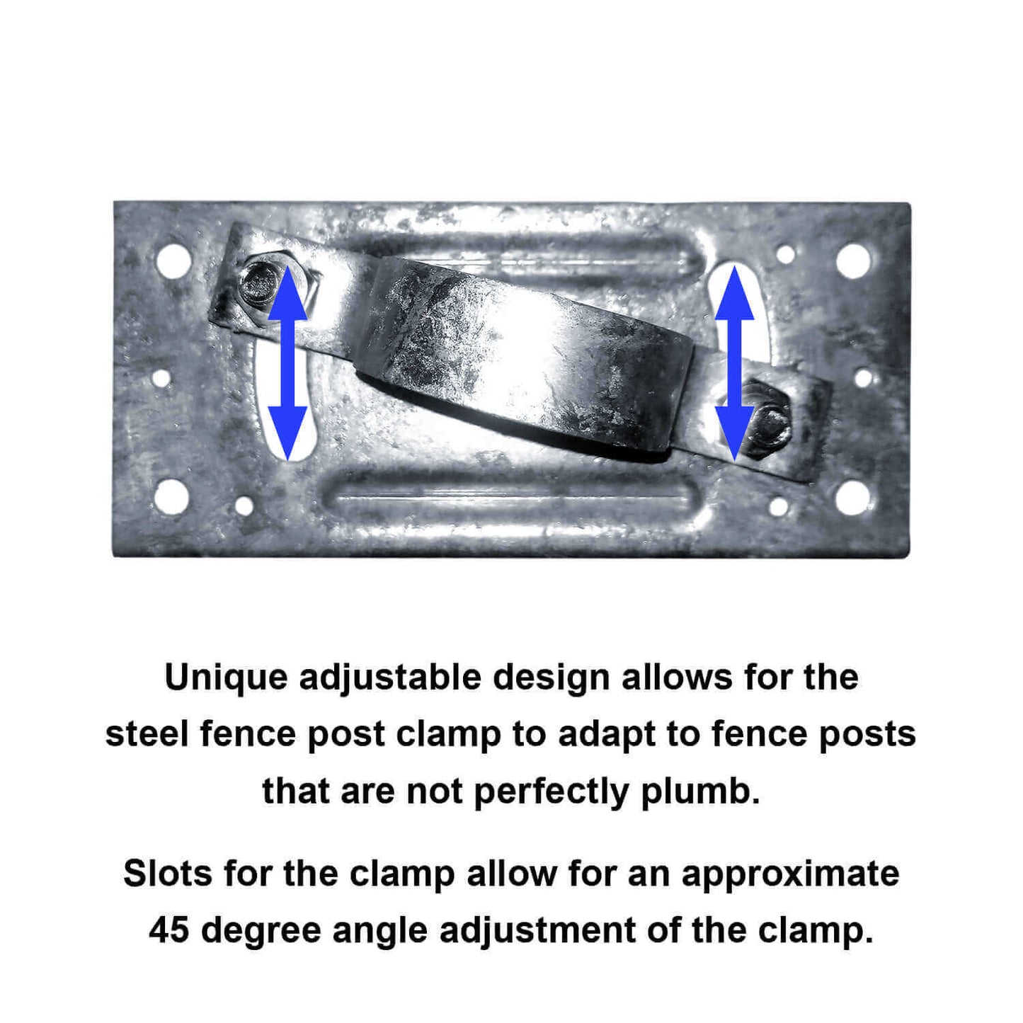 WOOD FENCE TO ROUND STEEL POST PANEL ATTACHMENT ADAPTER BRACKET: For attaching wood fence to round steel fence posts. Adjustable clamp. Made of galvanized steel to prevent rusting