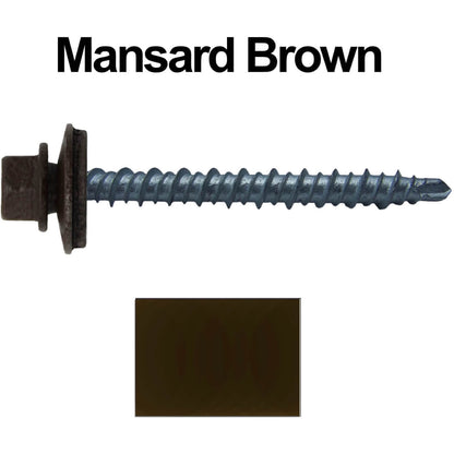 #10 x 2" Mini Driller Sheet Metal Roofing Screw - Hex Washer Head -  Self starting metal to wood siding screws. EPDM washer. Colored head.